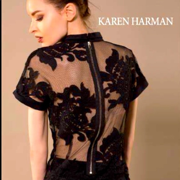 karen harman Tops - NWT designer Karen Harman black lace back exposed zipper blouse size medium